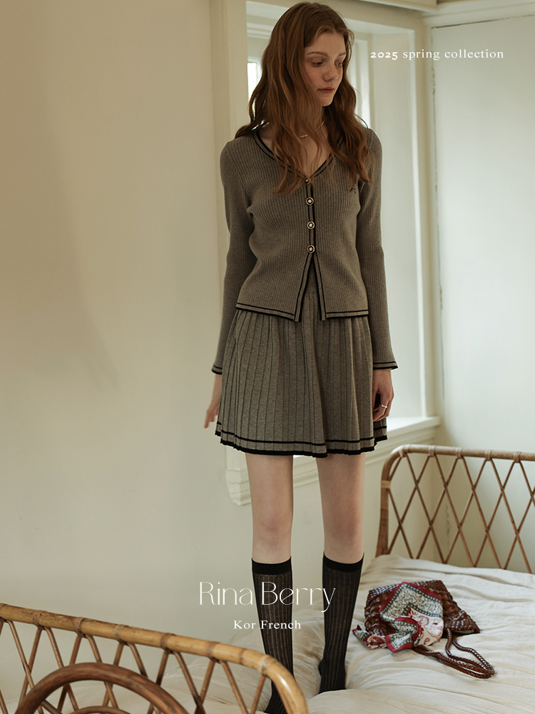 Contrast-Tipped Cardigan & Matching Pleated Skirt