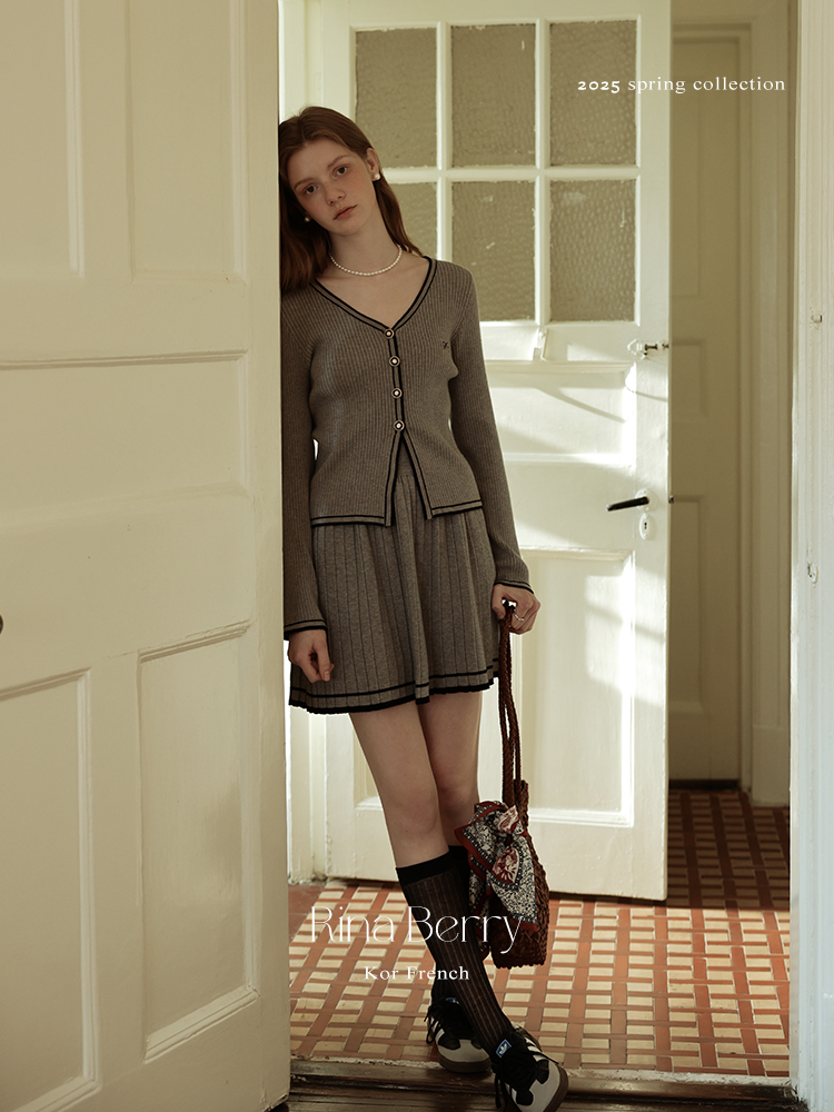Contrast-Tipped Cardigan & Matching Pleated Skirt