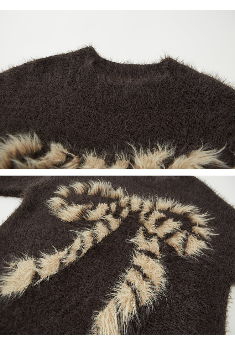 Fuzzy Faux Fur Bow Motif Knit Pullover