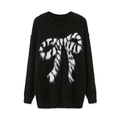 Fuzzy Faux Fur Bow Motif Knit Pullover