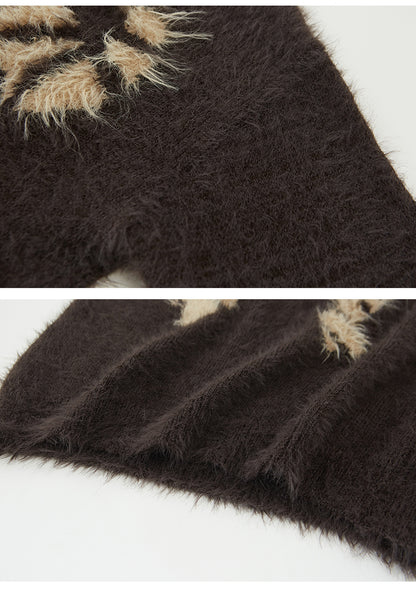 Fuzzy Faux Fur Bow Motif Knit Pullover