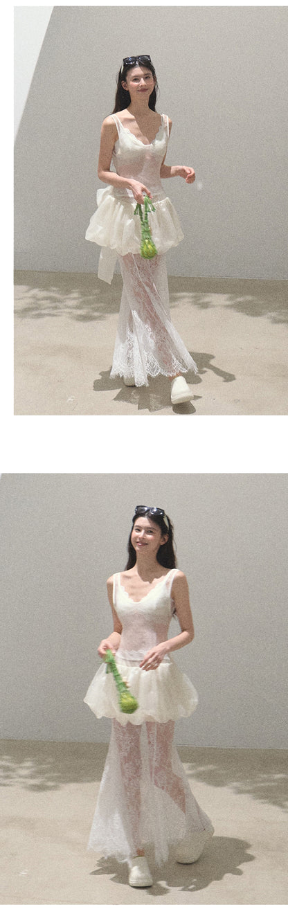 Sheer Lace Asymmetrical Hem Maxi Skirt