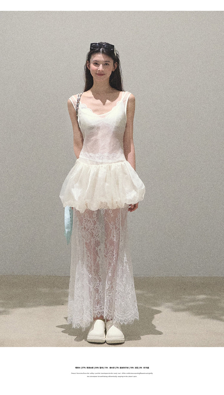 Sheer Lace Asymmetrical Hem Maxi Skirt
