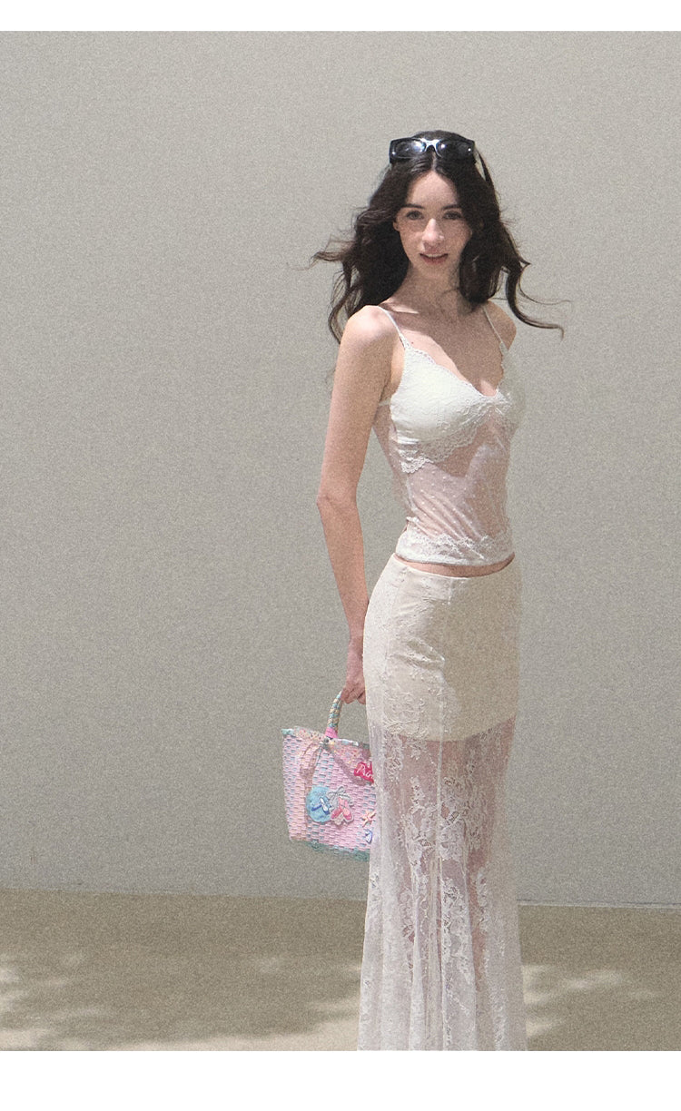 Sheer Lace Asymmetrical Hem Maxi Skirt