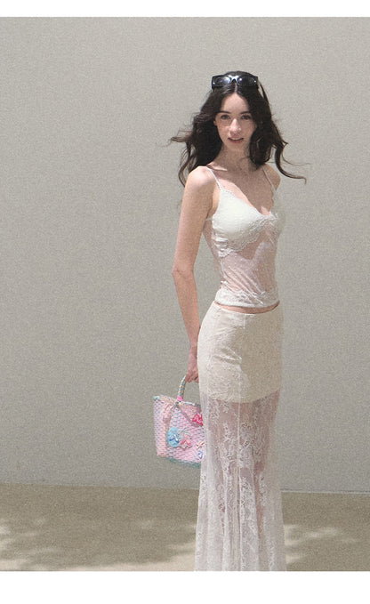 Sheer Lace Asymmetrical Hem Maxi Skirt
