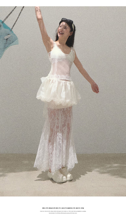 Sheer Lace Asymmetrical Hem Maxi Skirt
