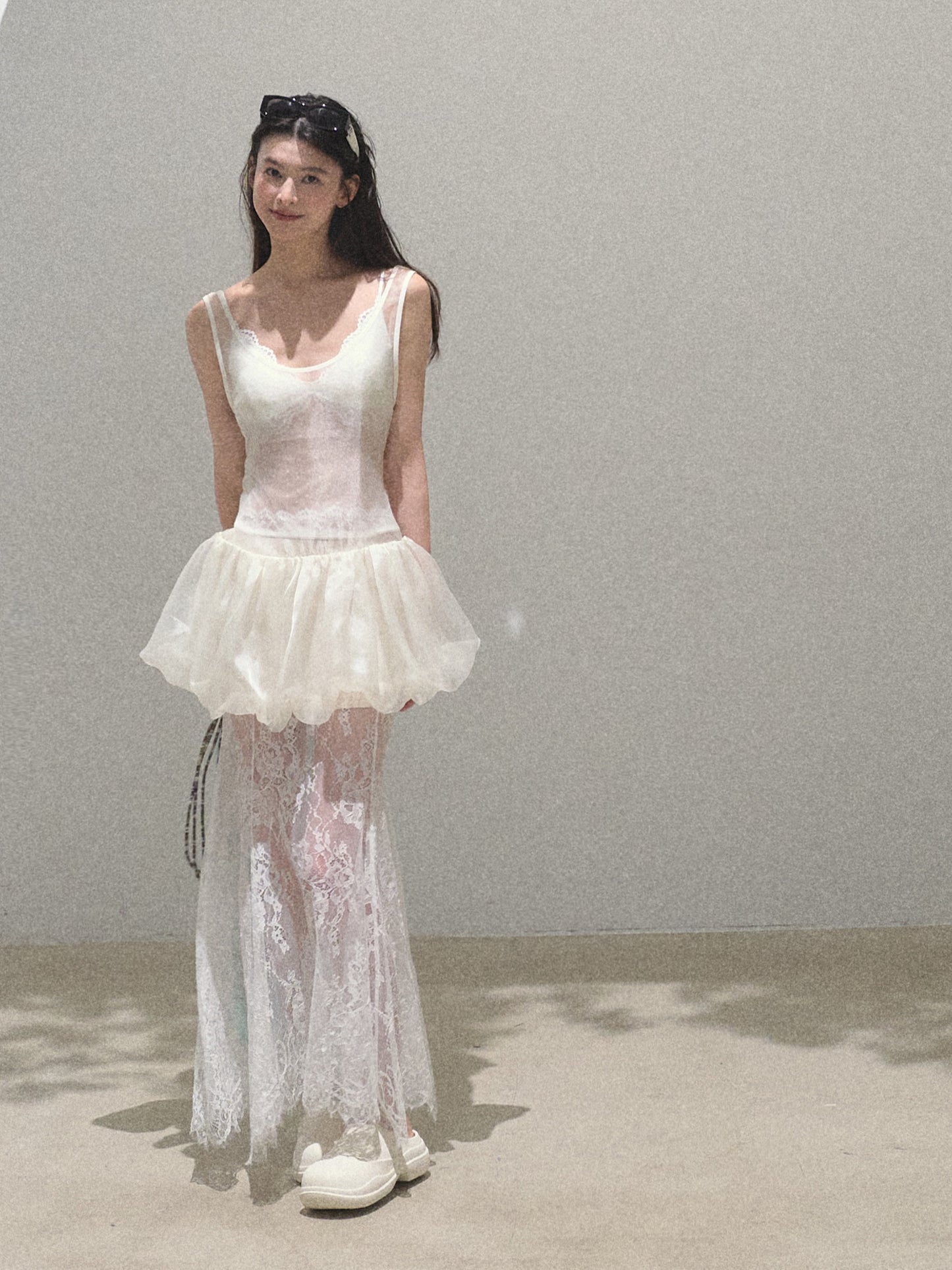 Sheer Lace Asymmetrical Hem Maxi Skirt