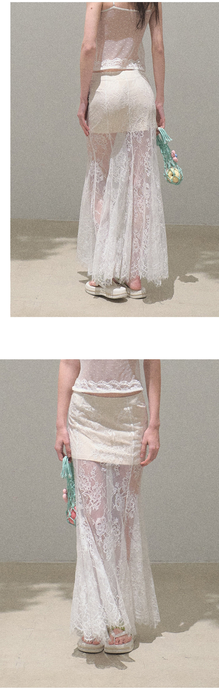 Sheer Lace Asymmetrical Hem Maxi Skirt