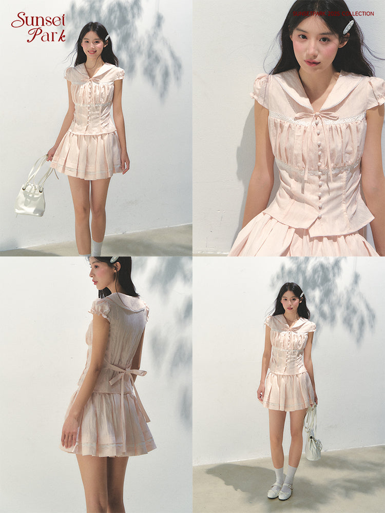 Ruched Button-Front Blouse & Matching Skirt