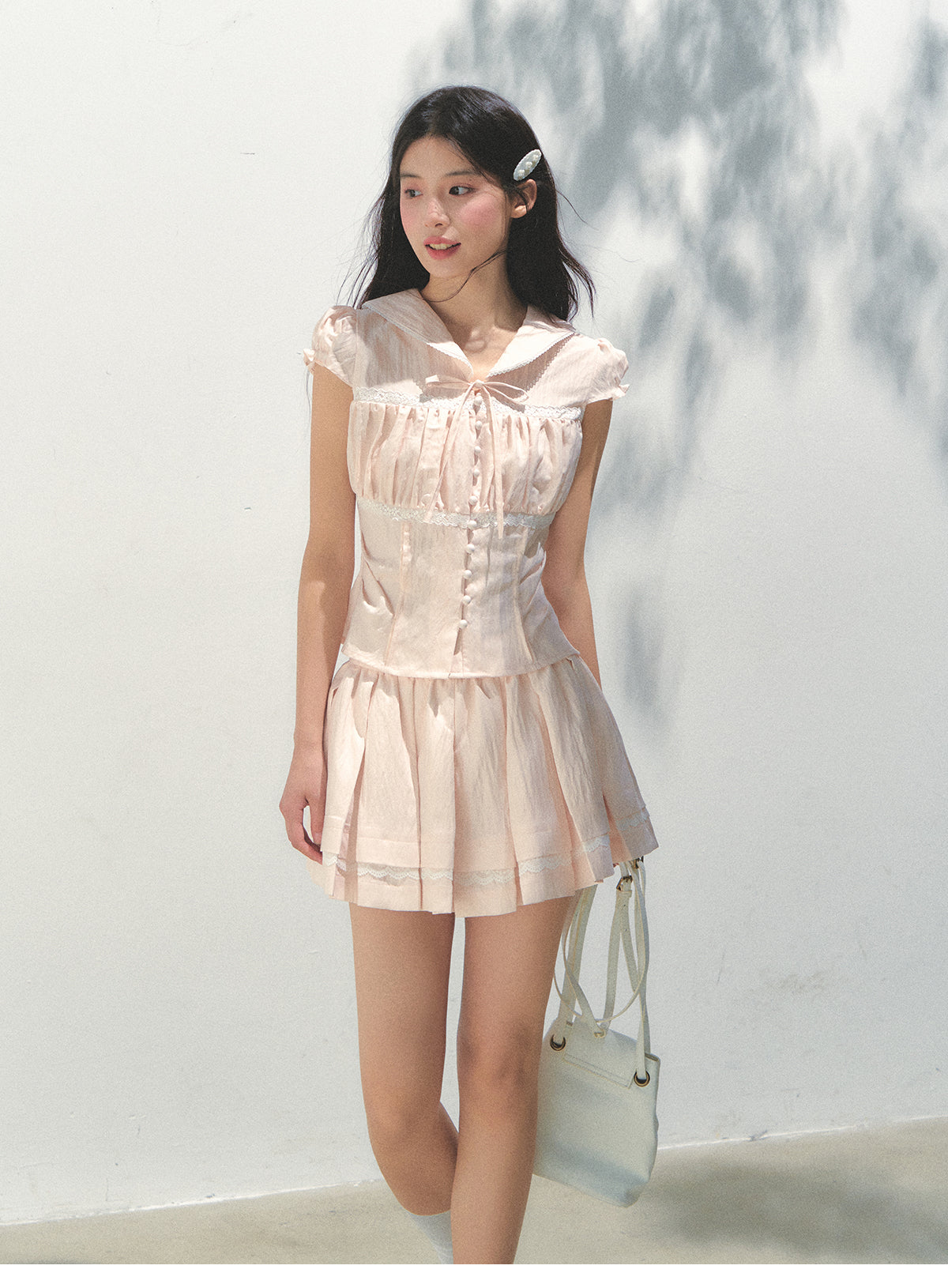 Ruched Button-Front Blouse & Matching Skirt