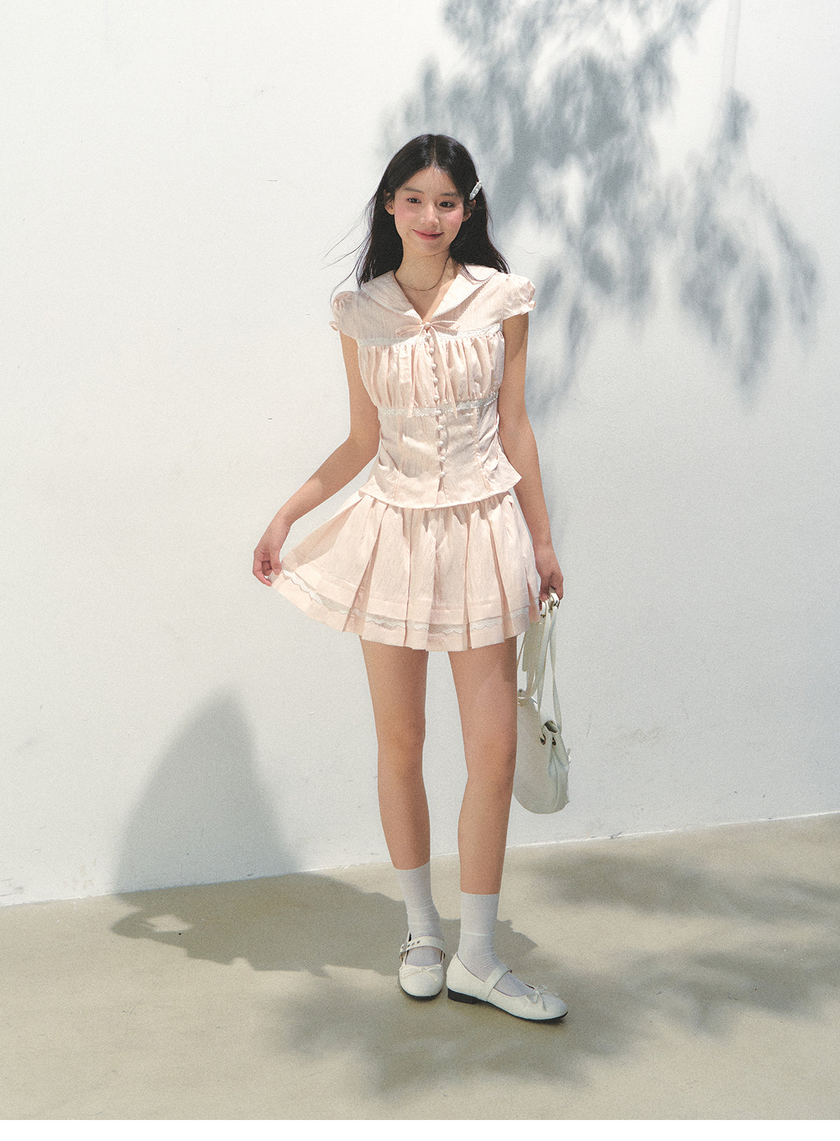 Ruched Button-Front Blouse & Matching Skirt