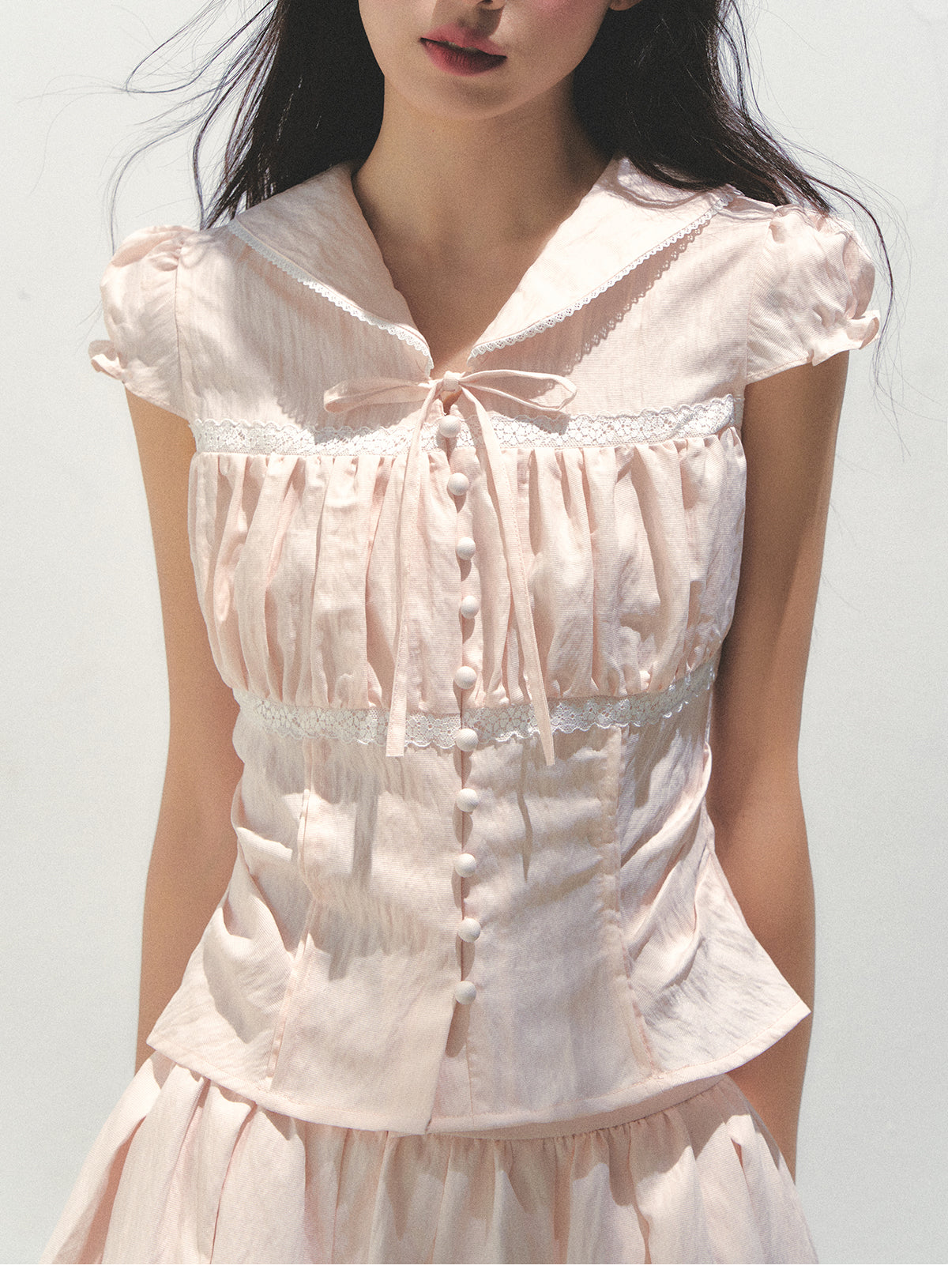Ruched Button-Front Blouse & Matching Skirt