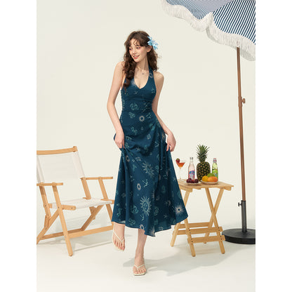 Celestial Print Open-Back Halter Dress