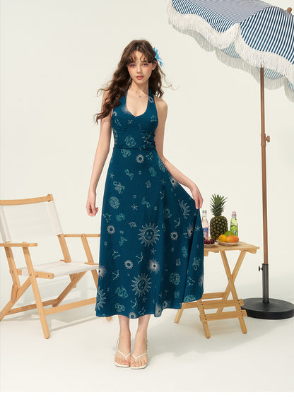 Celestial Print Open-Back Halter Dress