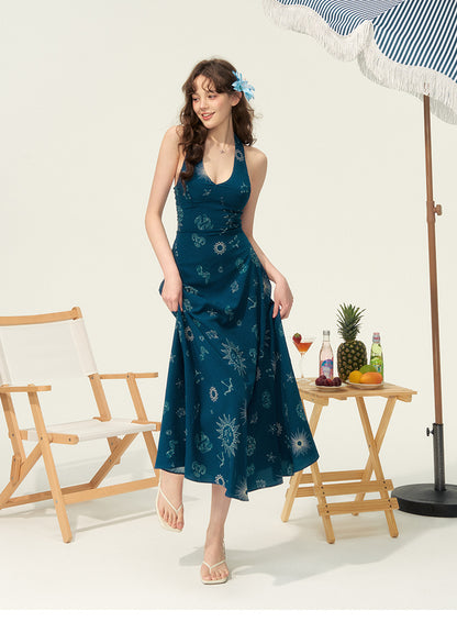 Celestial Print Open-Back Halter Dress