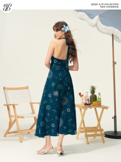 Celestial Print Open-Back Halter Dress