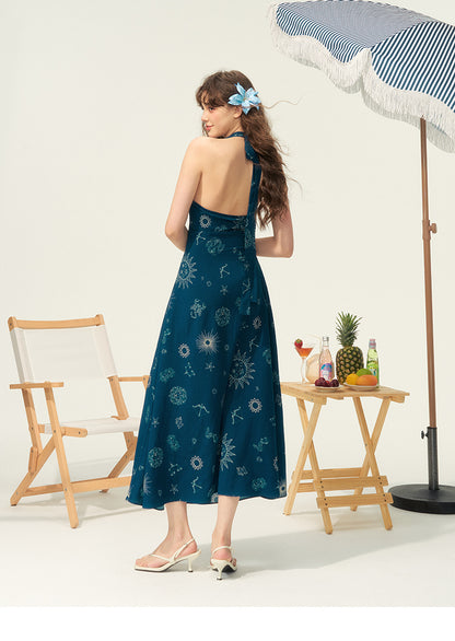 Celestial Print Open-Back Halter Dress