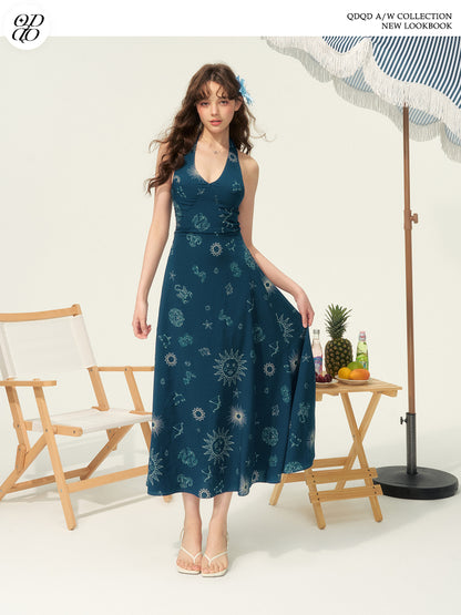 Celestial Print Open-Back Halter Dress