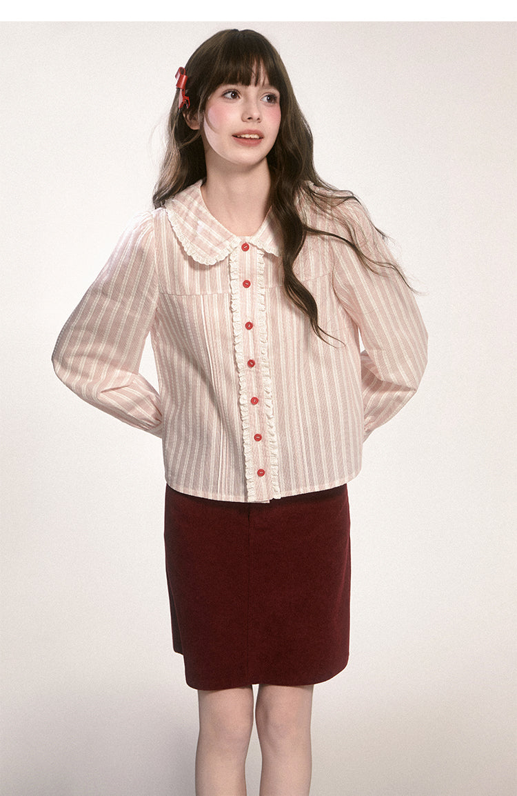 Peter Pan Collar Striped Frill Blouse
