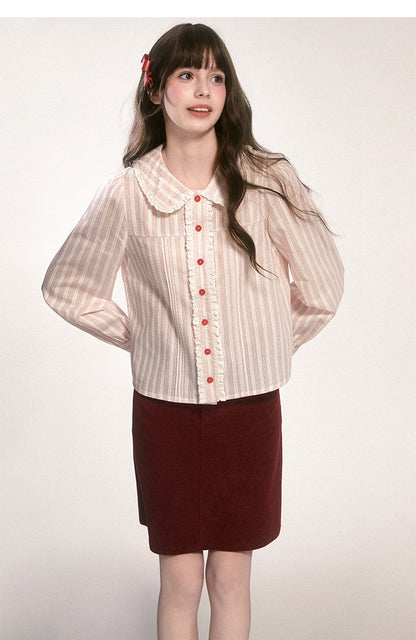 Peter Pan Collar Striped Frill Blouse