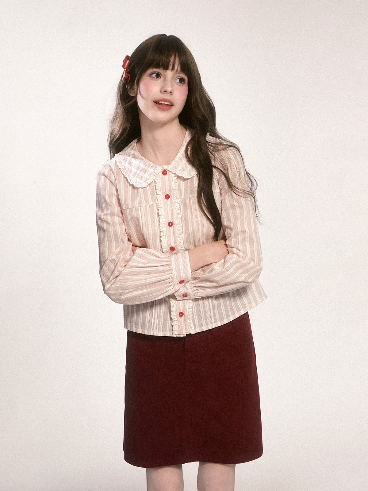 Peter Pan Collar Striped Frill Blouse