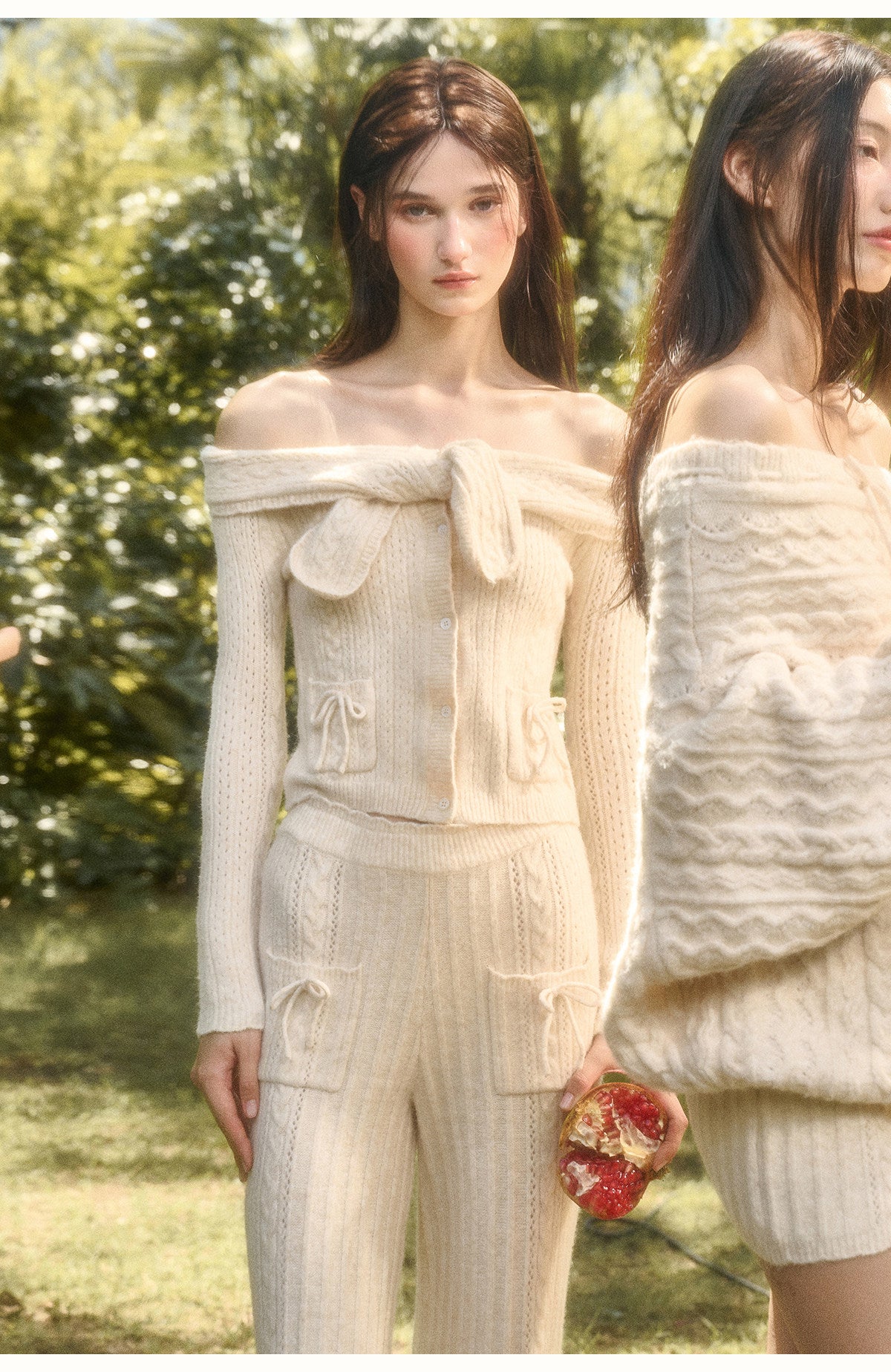 Off-Shoulder Pointelle Knit Top & Pants With Bow Details