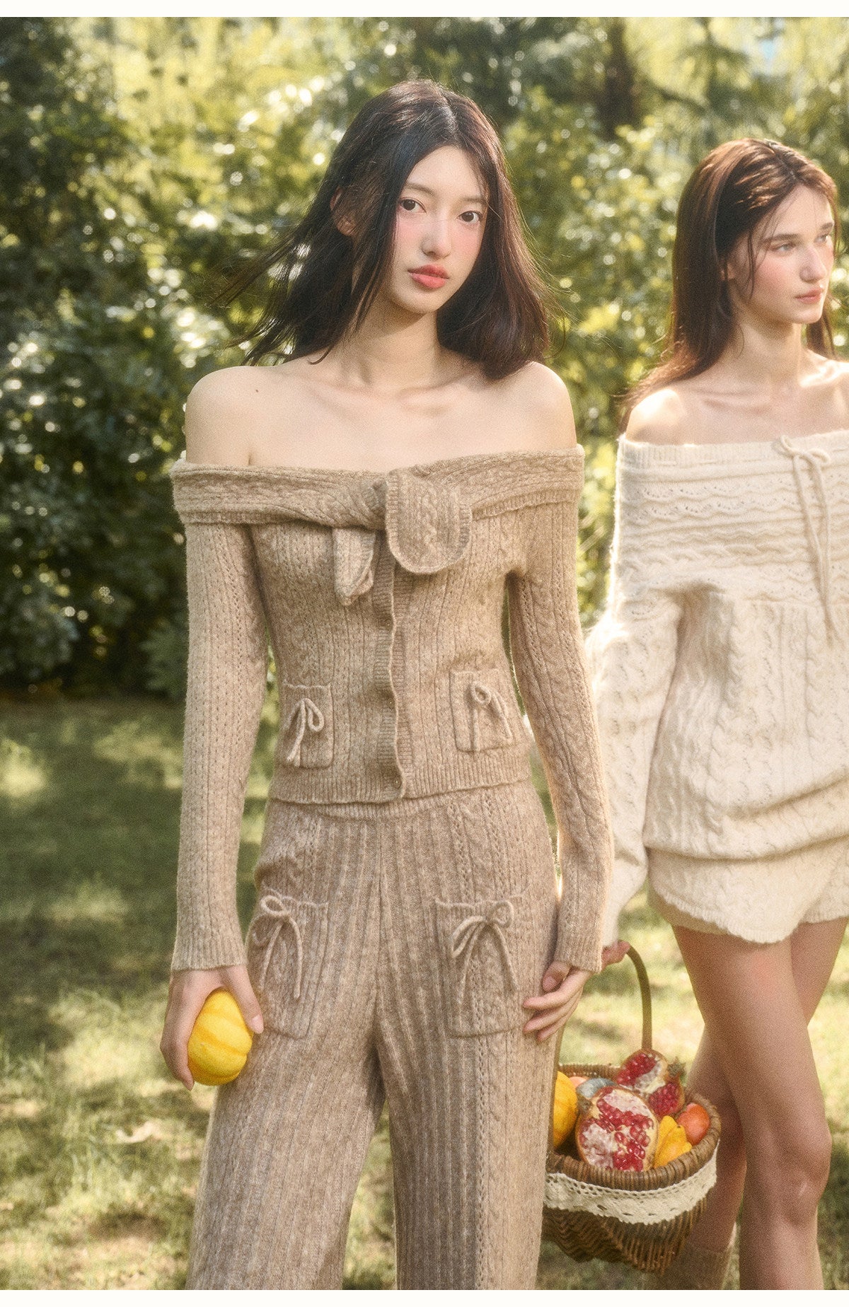 Off-Shoulder Pointelle Knit Top & Pants With Bow Details