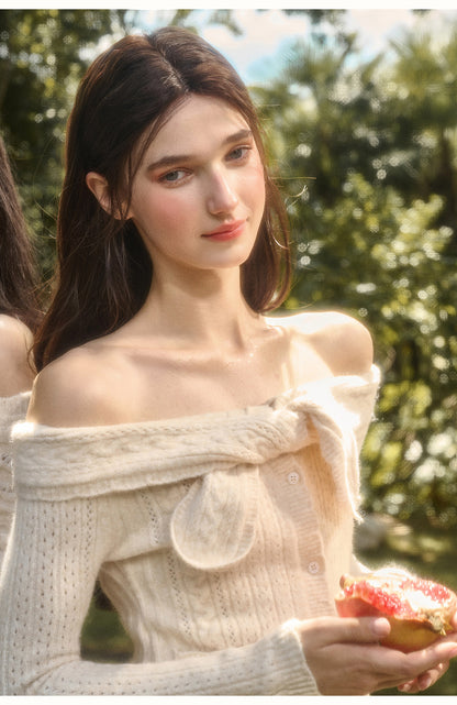 Off-Shoulder Pointelle Knit Top & Pants With Bow Details