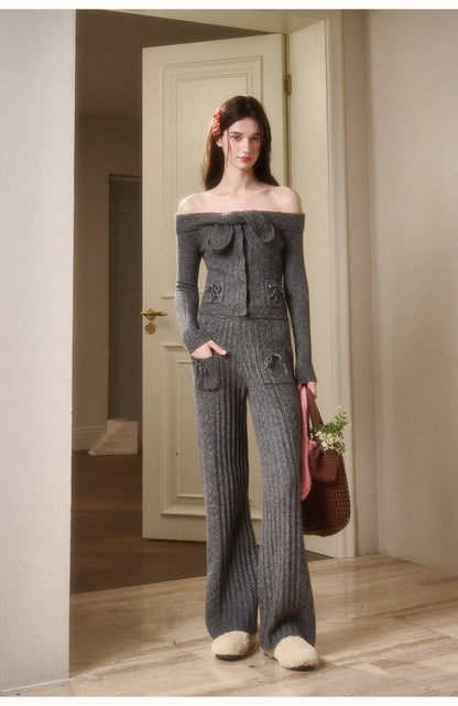 Off-Shoulder Pointelle Knit Top & Pants With Bow Details