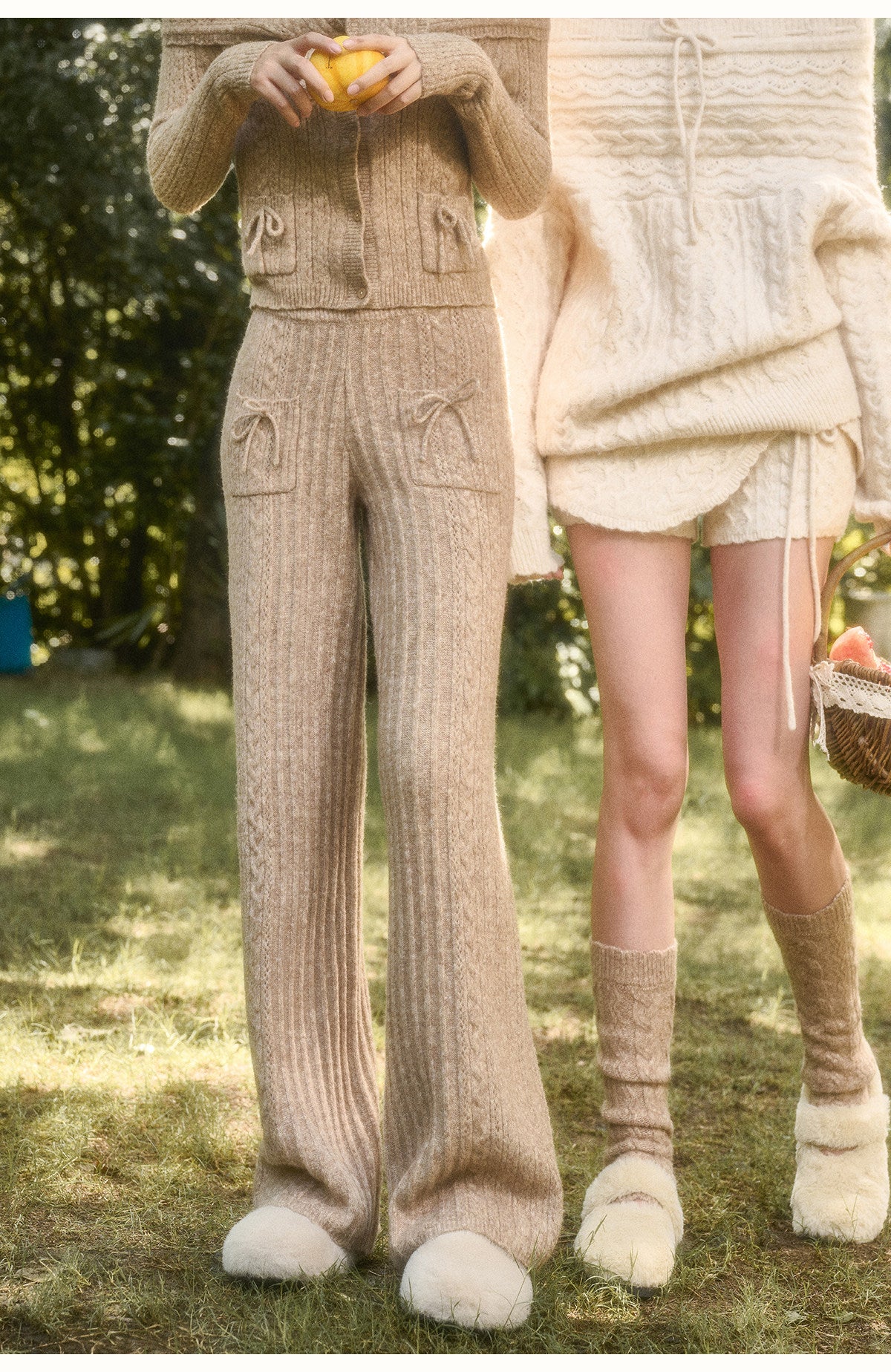 Off-Shoulder Pointelle Knit Top & Pants With Bow Details