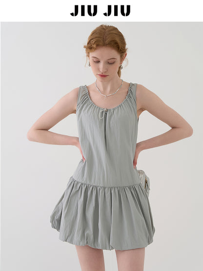 Bubble Dress With Drawstring Ruched Neckline