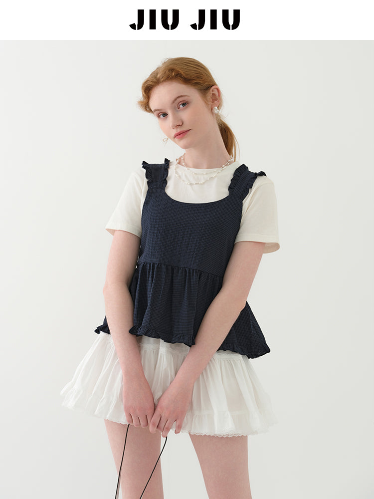 Sleeveless Ruffled Micro Gingham Short Top
