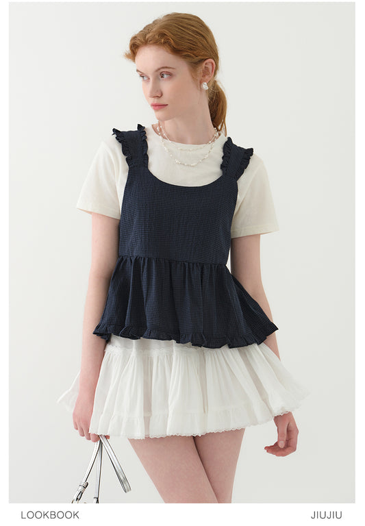Sleeveless Ruffled Micro Gingham Short Top