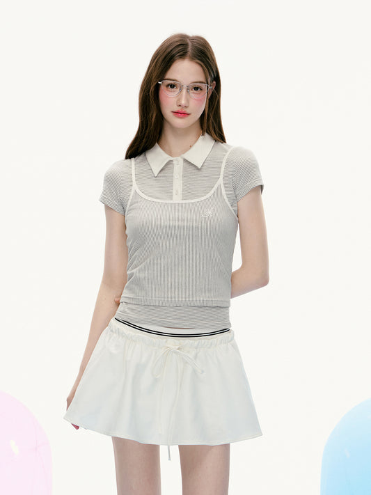 Polo Shirt & Cami Set With Vertical & Horizontal Stripes
