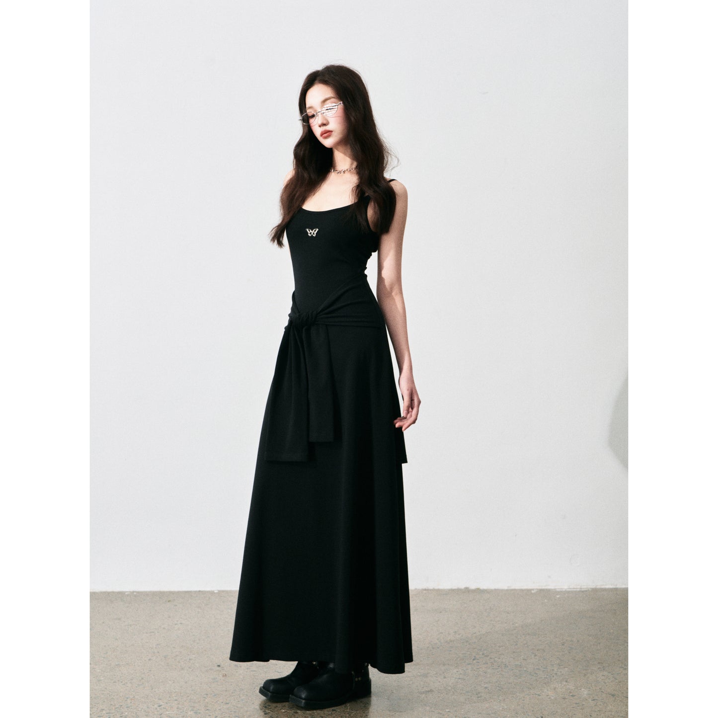 Butterfly Charm Faux Two-Piece Dress With Adjustable Straps