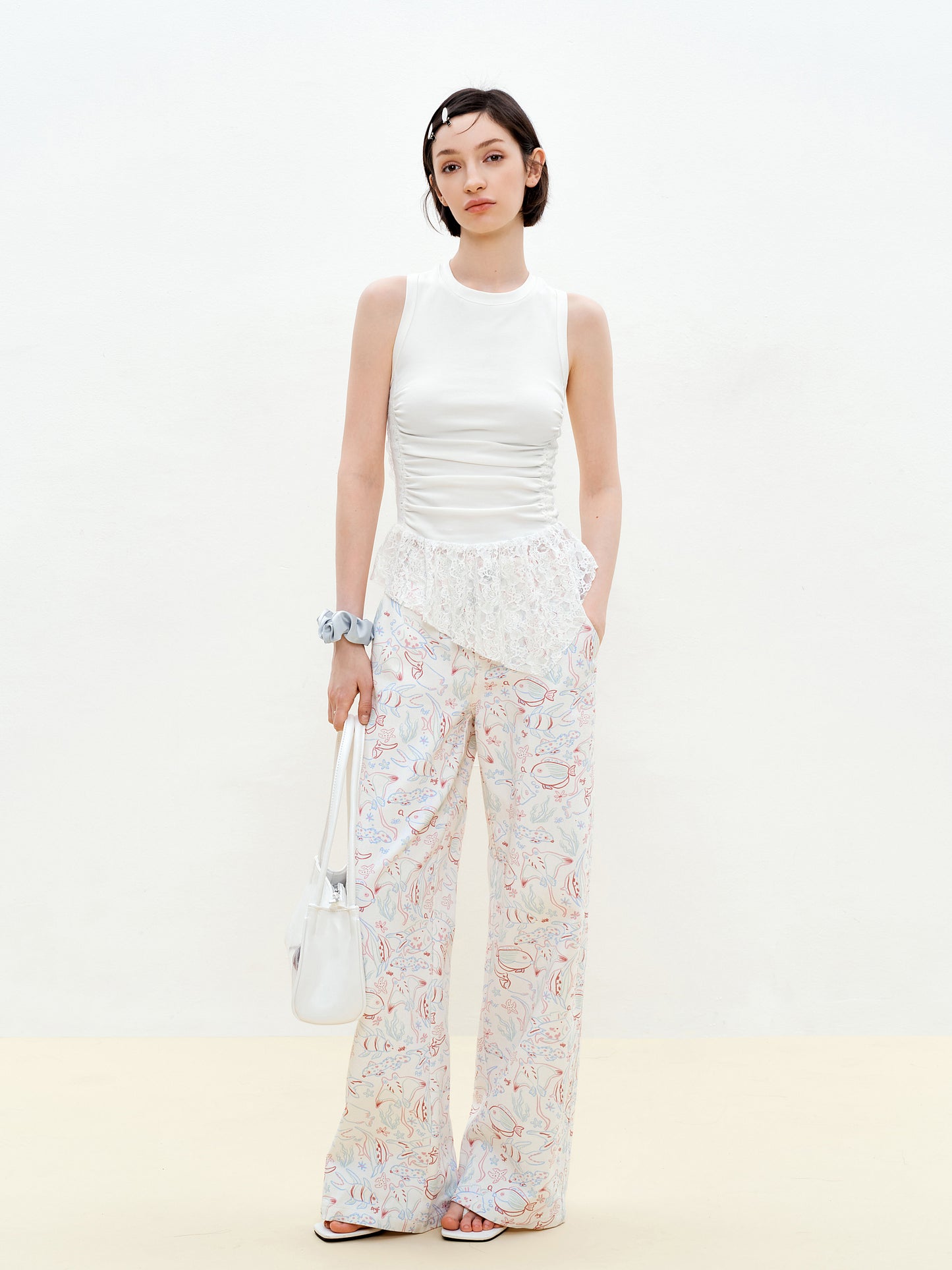 Ruched Sleeveless Top With Lace Detail