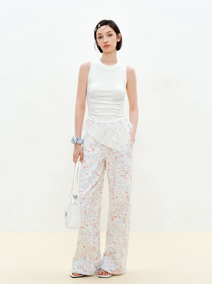 Ruched Sleeveless Top With Lace Detail