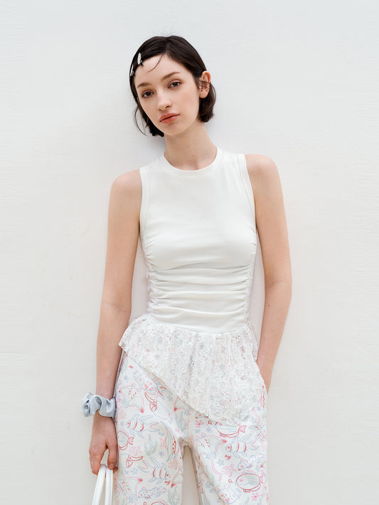 Ruched Sleeveless Top With Lace Detail