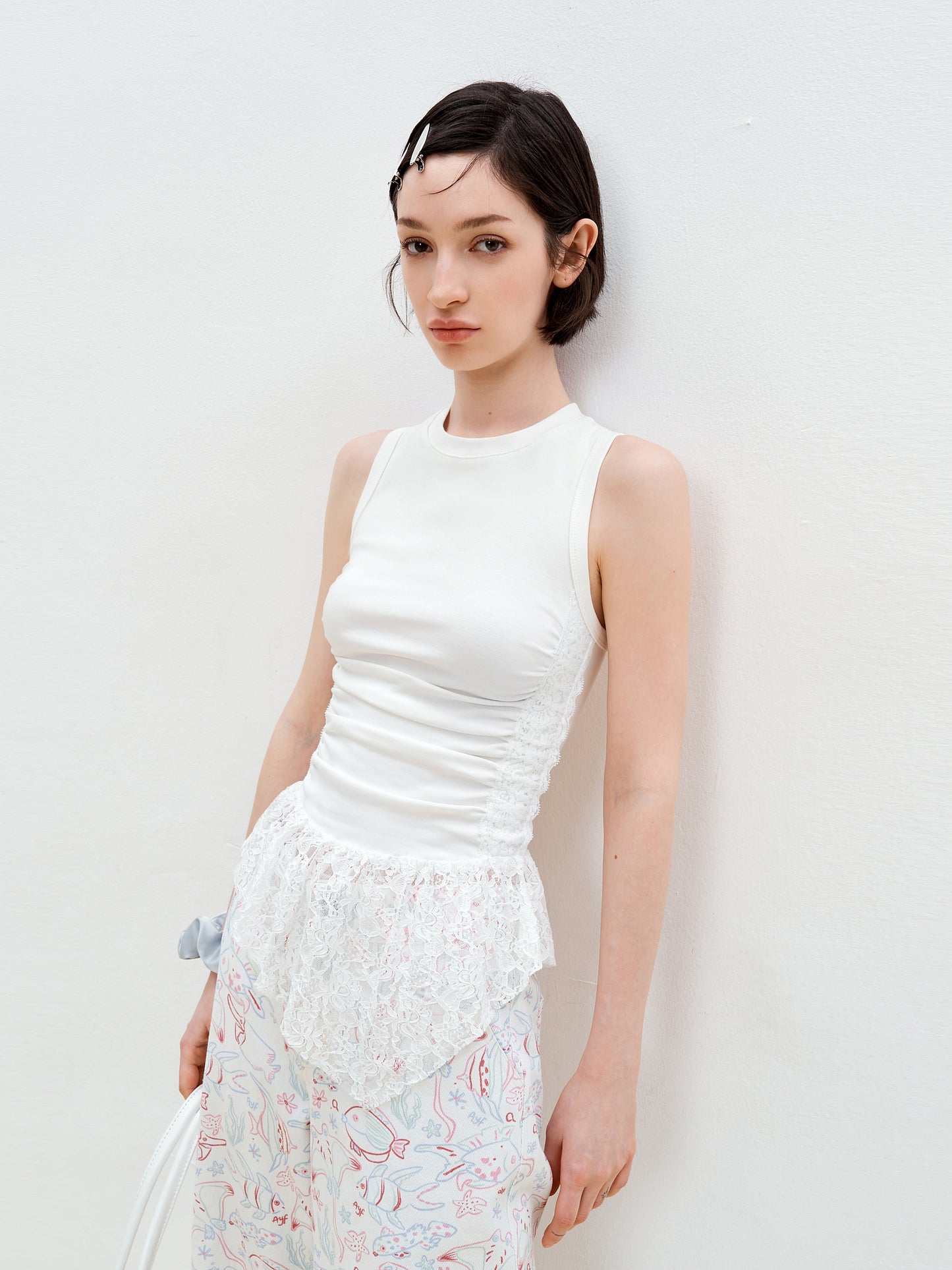 Ruched Sleeveless Top With Lace Detail