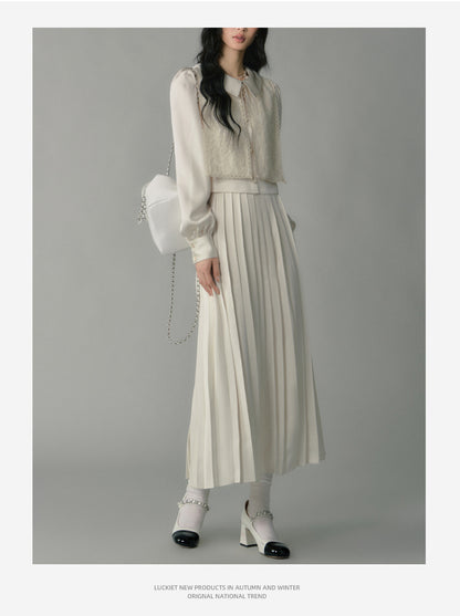Embroidered Overlay Satin Blouse & Pleated Skirt