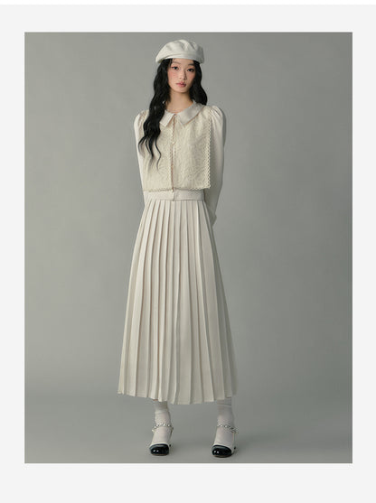 Embroidered Overlay Satin Blouse & Pleated Skirt