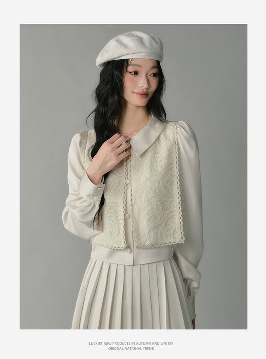 Embroidered Overlay Satin Blouse & Pleated Skirt
