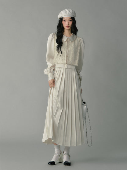 Embroidered Overlay Satin Blouse & Pleated Skirt
