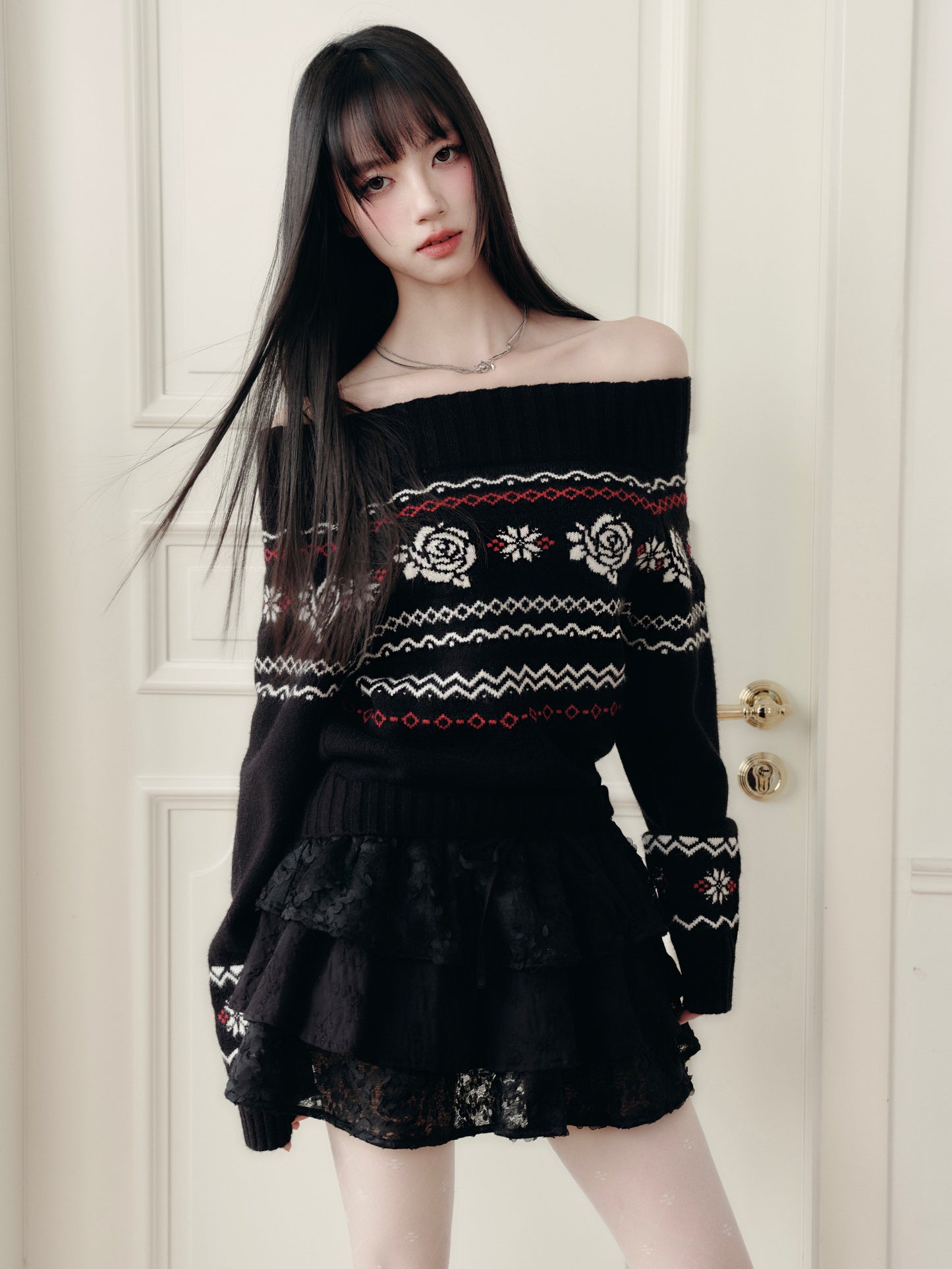 Off-Shoulder Jacquard Rose Sweater