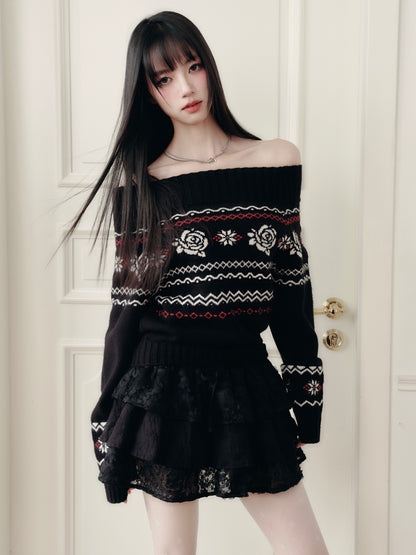 Off-Shoulder Jacquard Rose Sweater