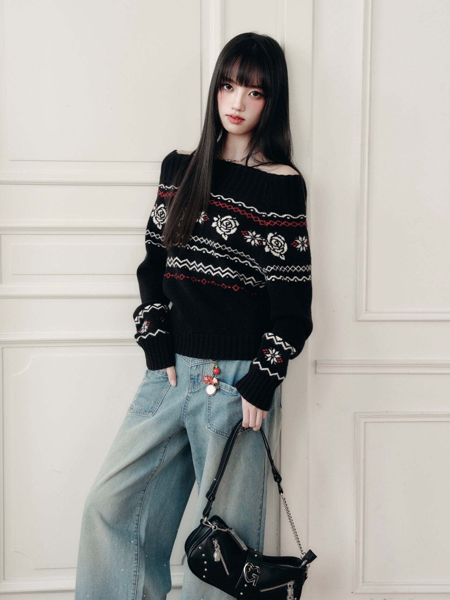 Off-Shoulder Jacquard Rose Sweater