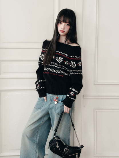 Off-Shoulder Jacquard Rose Sweater