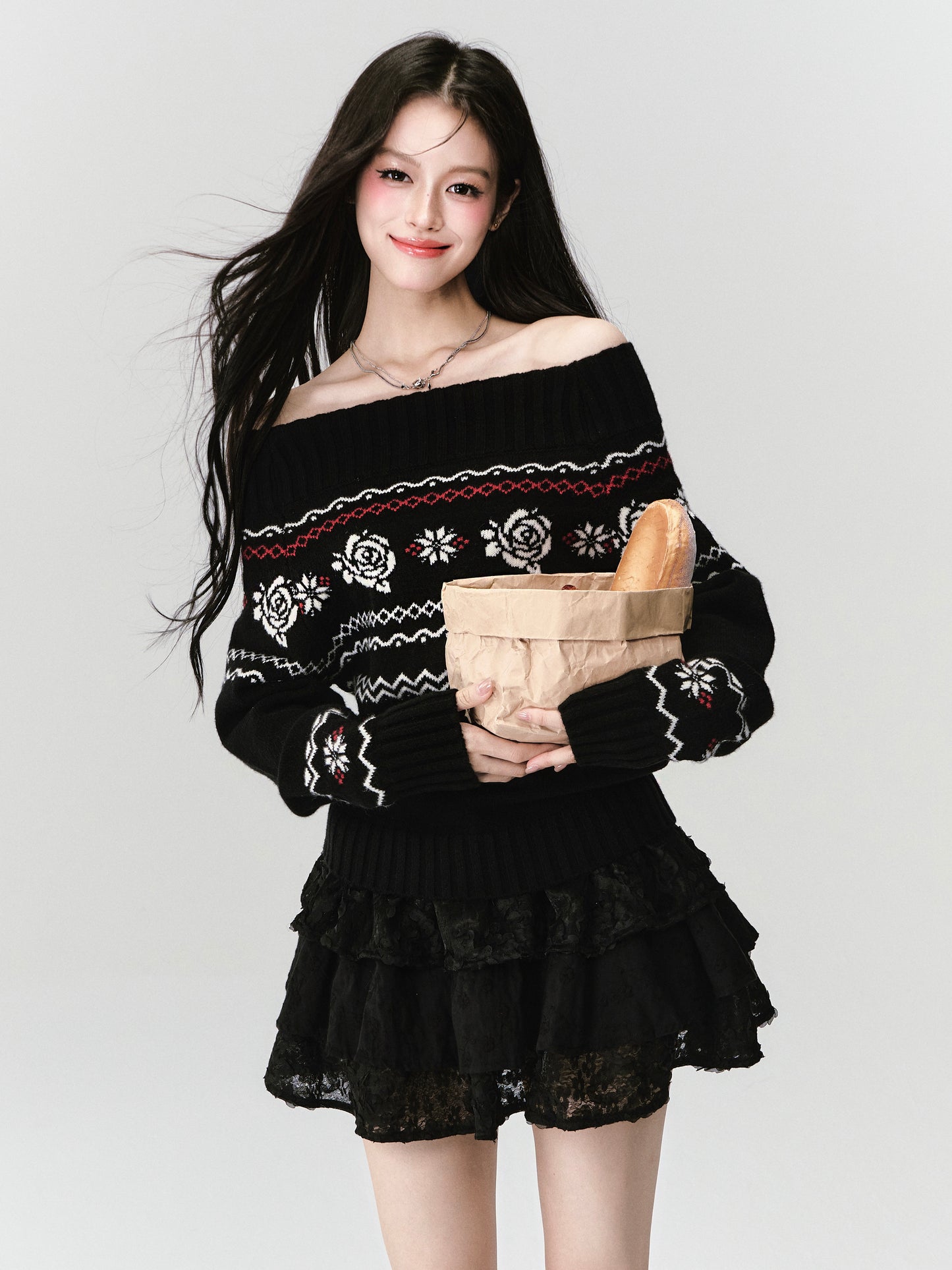 Off-Shoulder Jacquard Rose Sweater