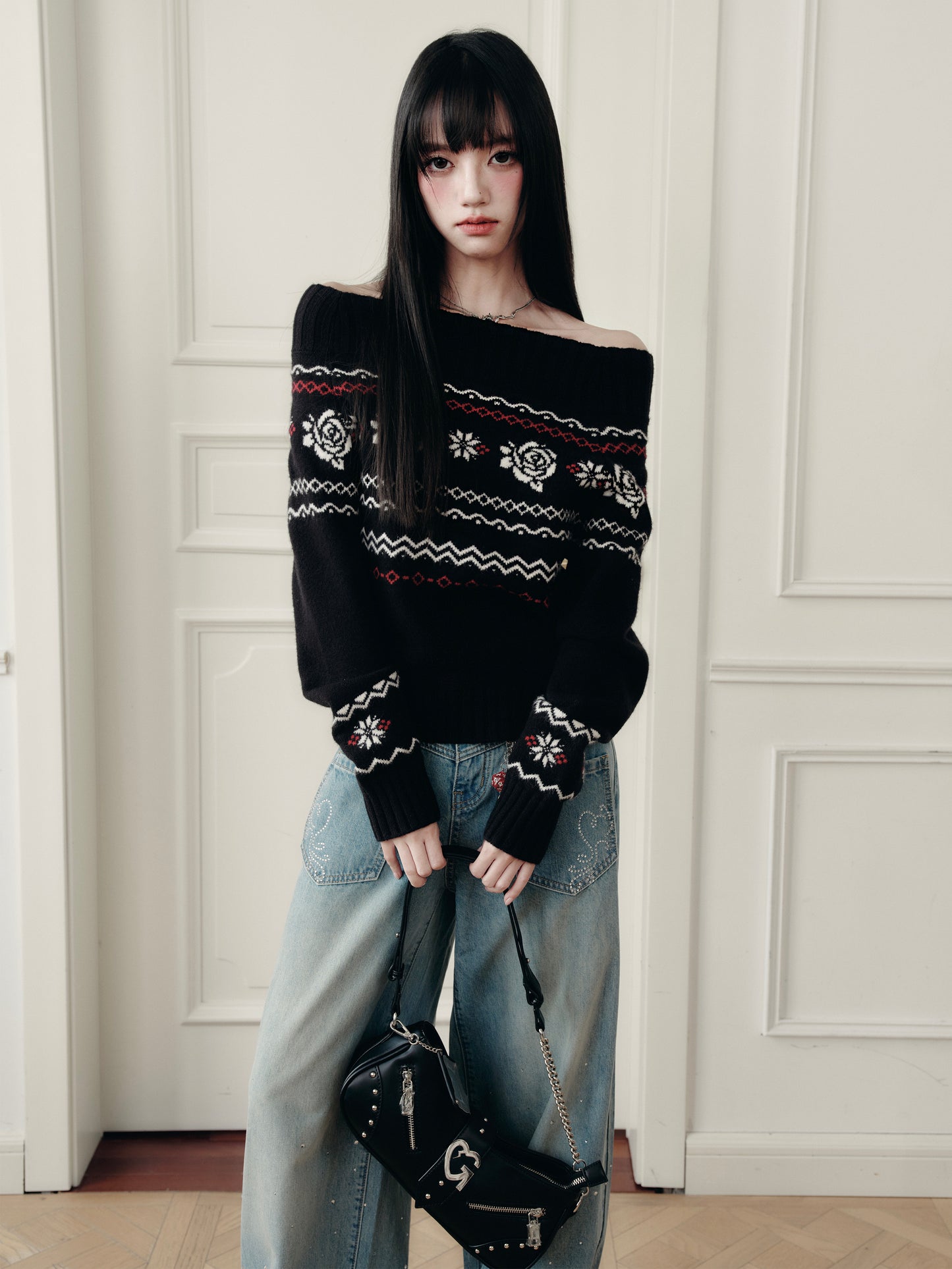 Off-Shoulder Jacquard Rose Sweater