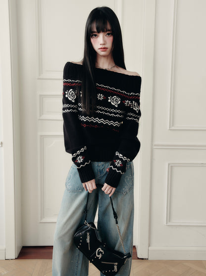 Off-Shoulder Jacquard Rose Sweater